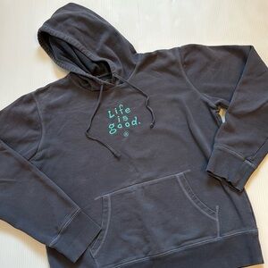 Life is good - Blue Gray Women’s Semi Fitted Hoodie with Teal Text. Size large